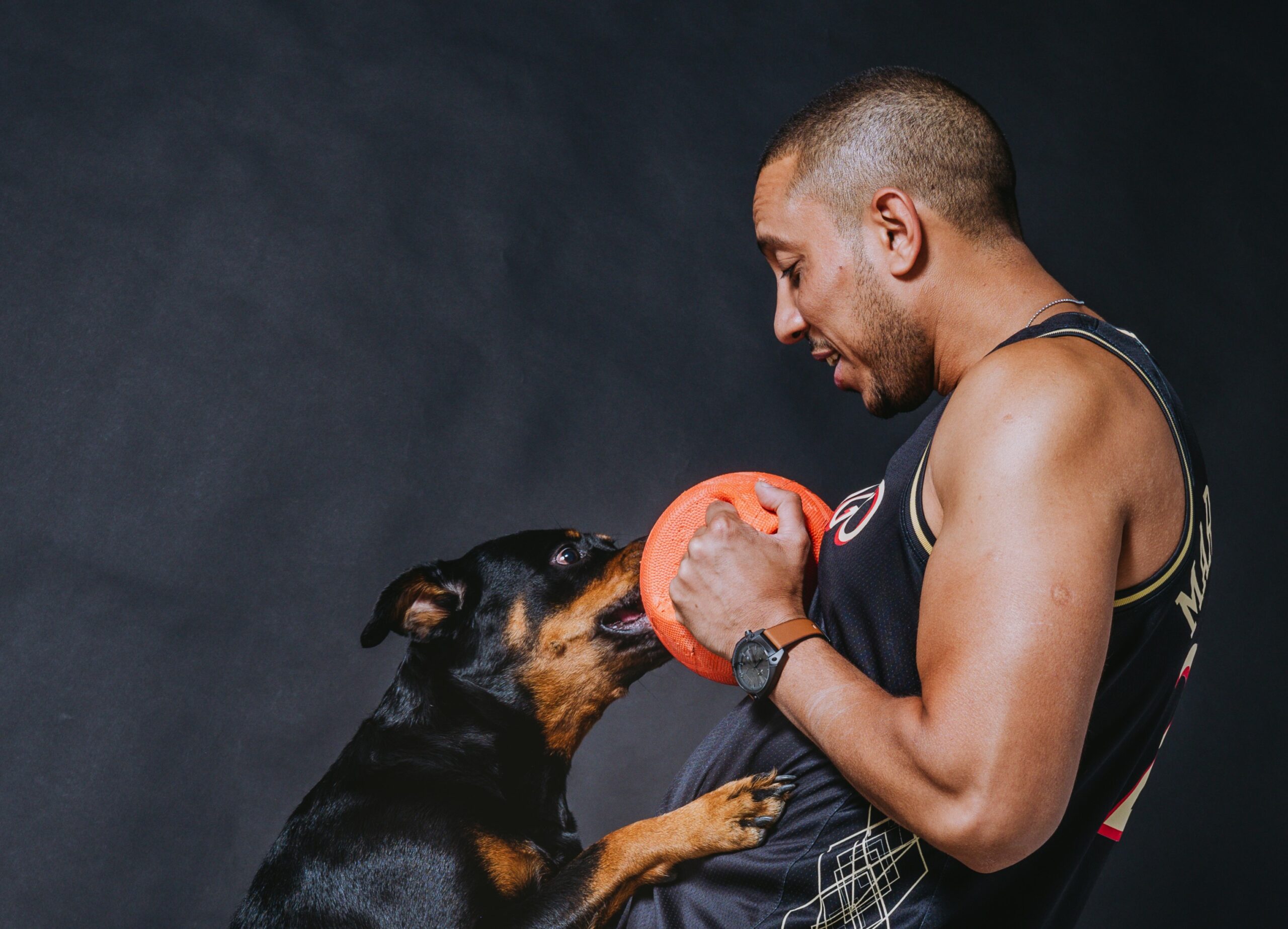 Amr Nawwar plays ball with his dog, Mollie the Rottweiler